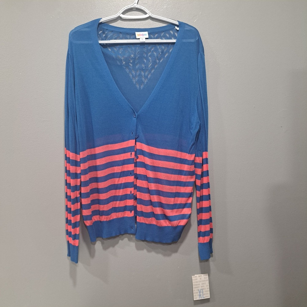 LuLaRoe Womens XL Blue Pink Striped V-Neck Button Front Cardigan Pointelle Back